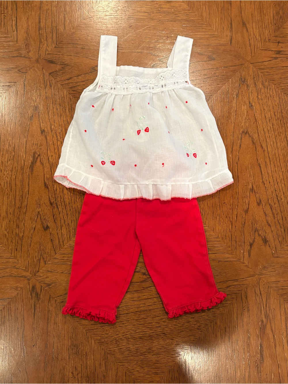 Vintage strawberry linen top and red ruffle butt leggings